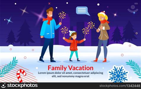 Poster Inviting Celebrate Charismas. Family Vacation Time. Winter Holidays. Cartoon Parents and Child Firing Sparklers on Snowy Urban Street. Flat Dark Cityscape. Xmas Accessories. Vector Illustration. Poster Inviting Celebrate Charismas with Family