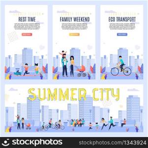 Poster is Written Rest Time Femily Weekend Flat. Banner Eco Transport, Summer City. Mother Walks With Stroller around City Next to her Husband with Child. People Actively Walk and Talk.
