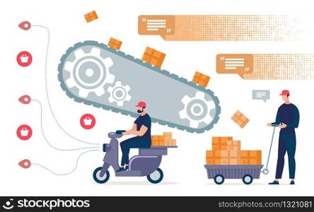 Poster Mail Delivery and Correspondence Cartoon. Conveyor Belt with Boxes. Man Transporting Postal Parcels on Scooter. Guy Collects from Conveyor Boxes with Postal Parcels. Vector Illustration.