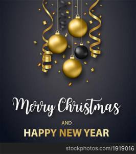 Poster Merry Christmas holiday. Gold ornament decoration of golden ball on luxury black background. Vector illustration. Poster Merry Christmas holiday.