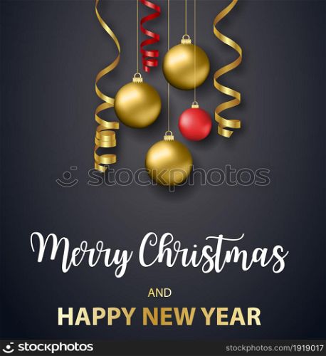 Poster Merry Christmas holiday. Gold ornament decoration of golden ball on luxury black background. Vector illustration. Poster Merry Christmas holiday.