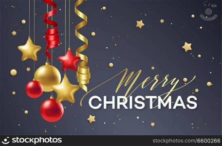 Poster Merry Christmas holiday. Premium calligraphy lettering with gold ornament decoration of golden ball on luxury black background. Vector illustration EPS10. Poster Merry Christmas holiday. Premium calligraphy lettering with gold ornament decoration of golden ball on luxury black background. Vector illustration