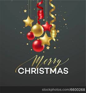 Poster Merry Christmas holiday. Premium calligraphy lettering with gold ornament decoration of golden ball on luxury black background. Vector illustration EPS10. Poster Merry Christmas holiday. Premium calligraphy lettering with gold ornament decoration of golden ball on luxury black background. Vector illustration