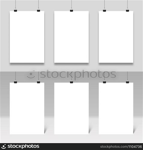 Poster mockup hanging on paperclips. Realistic posters frames template vector set. White paper boards with binders. Stationery accessories, office items. Empty placards and secretary devices. Poster mockup hanging on paperclips. Realistic posters frames template vector set. White paper boards with binders. Stationery accessories, office items. Collection of blank placards