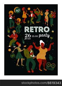 Poster music festival, retro party in the style of the 70&rsquo;s, 80&rsquo;s. A large set of characters, musicians, dancers and singers. Vector illustration.. Poster music festival, retro party in the style of the 70&rsquo;s, 80&rsquo;s. Vector illustration with stylish musicians characters.