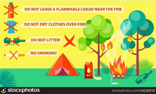 Poster of Campground Rules and Regulations. Poster of campground rules with inscriptions. Vector illustration of red tent, burning trees and bushes due to failure to comply with rules
