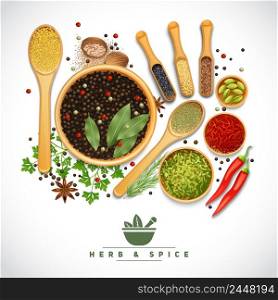 Poster of different cooking herbs and spices in wooden dish on white background realistic vector illustration. Herb And Spice Poster