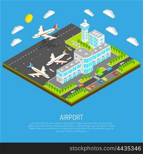 Poster Of Isometric Airport . Poster of square platform airport including terminal control tower airfield and airplanes on blue background isometric vector illustration