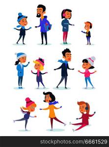 Poster of people of different ages skating or sitting on frozen surface. Vector illustration with people in warm and colourful winter clothes in various positions on icerink. Winter holidays in town.. People of Different Ages Skating on Icerink.