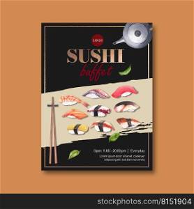 Poster of Sushi Restaurant Vector illustration. Japanese-inspired design in modern style 
