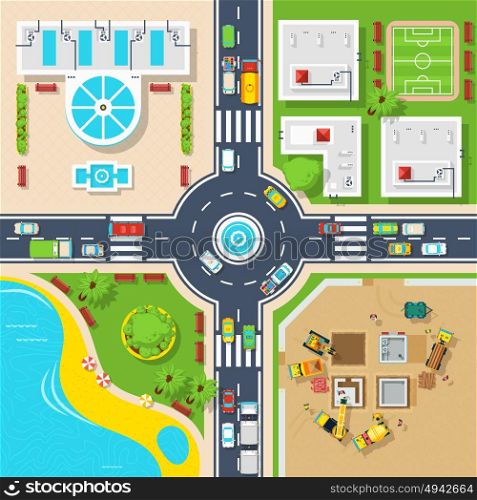 Poster Of Top View City. Big crossroad divided city on four parts buildings construction and pond top view flat poster vector illustration