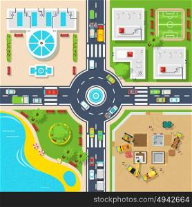 Poster Of Top View City. Big crossroad divided city on four parts buildings construction and pond top view flat poster vector illustration