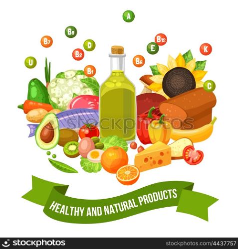 Poster Of Vitamin Food Products. Flat poster of different healthy and natural organic food products with vitamin groups on top vector illustration