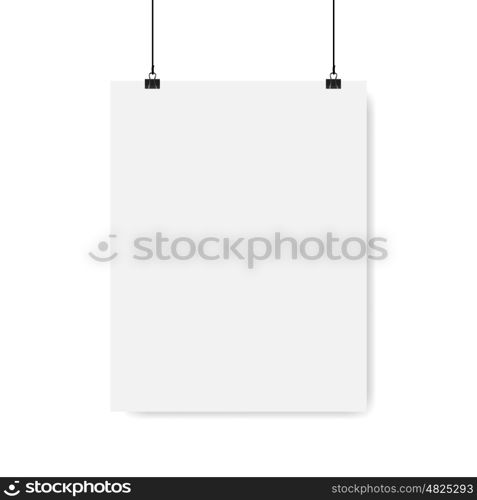 Poster on binder clips on grunge grey wall. Realistic vector illustration. Modern trendy interior. Empty mock up for your illustrations, drawings, logos, posters or quotes.