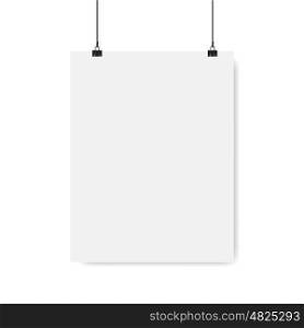 Poster on binder clips on grunge grey wall. Realistic vector illustration. Modern trendy interior. Empty mock up for your illustrations, drawings, logos, posters or quotes.