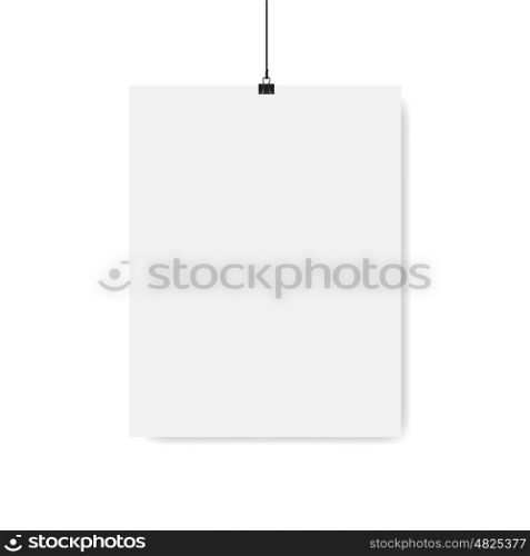 Poster on binder clips on grunge grey wall. Realistic vector illustration. Modern trendy interior. Empty mock up for your illustrations, drawings, logos, posters or quotes.