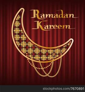 Poster or greeting card of Ramadan Kareem, golden crescent moon decorated by stars and beads. Arabic culture, month occasion, religious sign vector. Ramadan Kareem, Islam Religious Greeting Vector