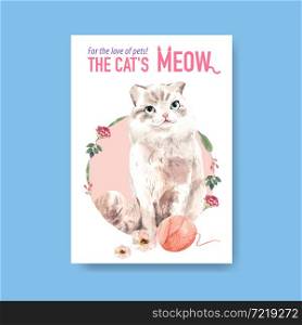 Poster template design with cute cat for brochure and advertise watercolor illustration