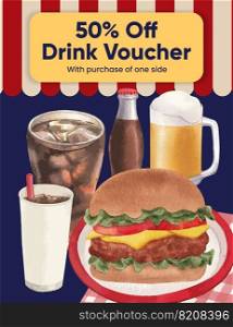 Poster template with American fastfood concept, watercolor style 
