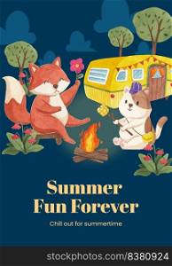 Poster template with animal c&ing summer concept,watercolor style  
