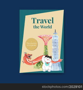 Poster template with Asia travel concept design for brochure and marketing watercolor vector illustration