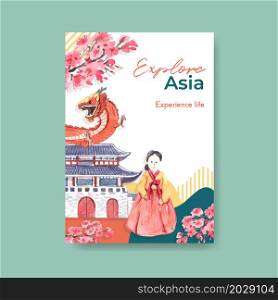 Poster template with Asia travel concept design for brochure and marketing watercolor vector illustration