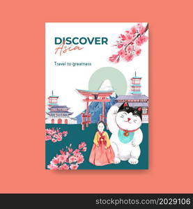 Poster template with Asia travel concept design for brochure and marketing watercolor vector illustration