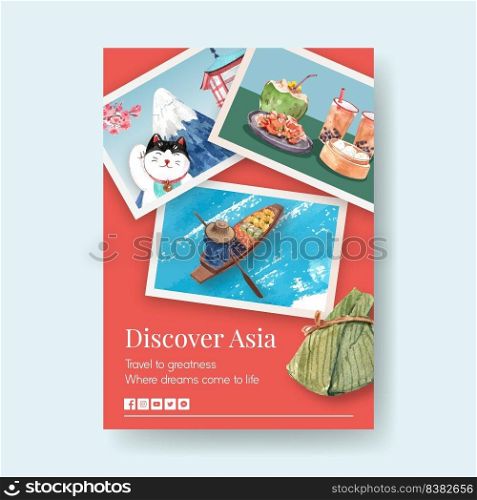 Poster template with Asia travel concept design for brochure and marketing watercolor vector illustration
