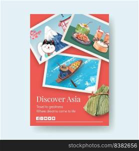 Poster template with Asia travel concept design for brochure and marketing watercolor vector illustration
