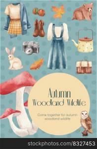 Poster template with autumn outfit woodland life concept,watercolor style 