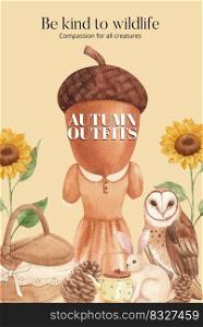 Poster template with autumn outfit woodland life concept,watercolor style 