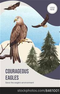 Poster template with bald eagle concept,watercolor style. 