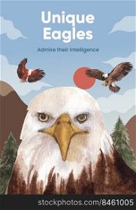 Poster template with bald eagle concept,watercolor style. 