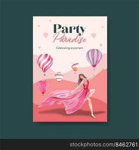 Poster template with balloon fiesta concept design for advertise and brochure watercolor vector illustration

