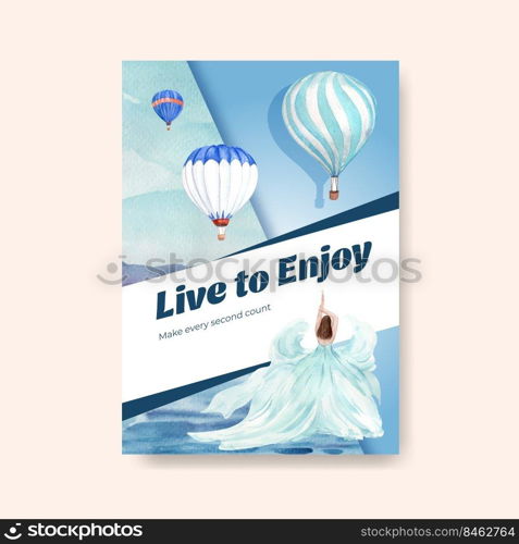 Poster template with balloon fiesta concept design for advertise and brochure watercolor vector illustration 