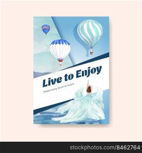 Poster template with balloon fiesta concept design for advertise and brochure watercolor vector illustration 
