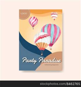 Poster template with balloon fiesta concept design for advertise and brochure watercolor vector illustration 