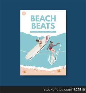 Poster template with beach vacation concept design for brochure watercolor illustration