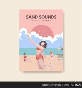 Poster template with beach vacation concept design for brochure watercolor illustration