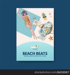 Poster template with beach vacation concept design for brochure watercolor illustration 