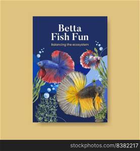Poster template with betta fish concept,watercolor style 