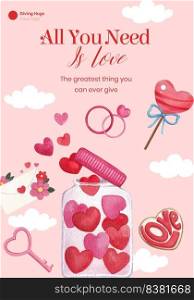 Poster template with big love hug valentines day concept,watercolor style
