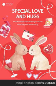 Poster template with big love hug valentines day concept,watercolor style 