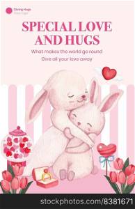 Poster template with big love hug valentines day concept,watercolor style 