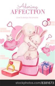 Poster template with big love hug valentines day concept,watercolor style 