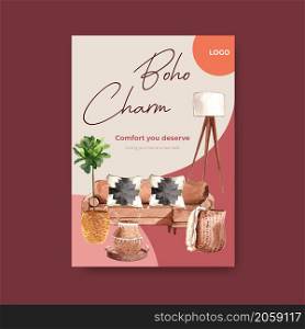 Poster template with boho furniture concept design for brochure and marketing watercolor vector illustration