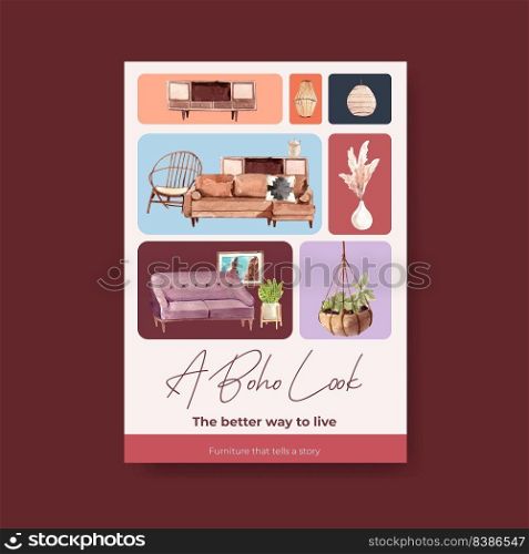 Poster template with boho furniture concept design for brochure and marketing watercolor vector illustration
