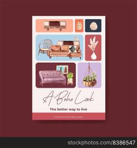 Poster template with boho furniture concept design for brochure and marketing watercolor vector illustration
