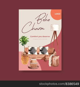 Poster template with boho furniture concept design for brochure and marketing watercolor vector illustration 