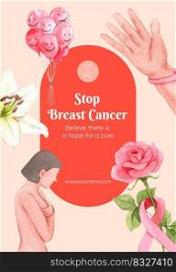 Poster template with breast cancer concept,watercolor style 